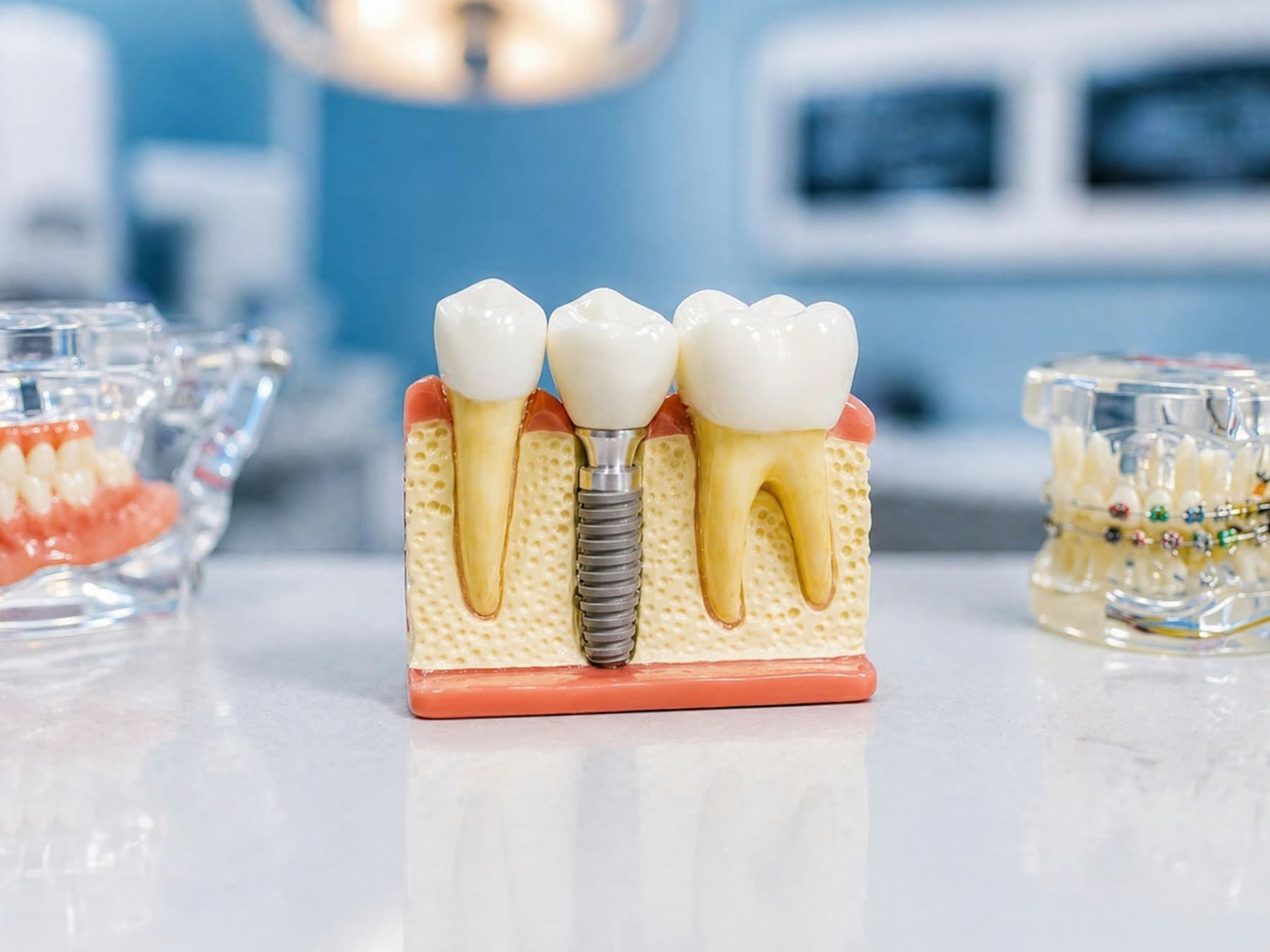 A dental implant model showing a crown fixed between two natural teeth